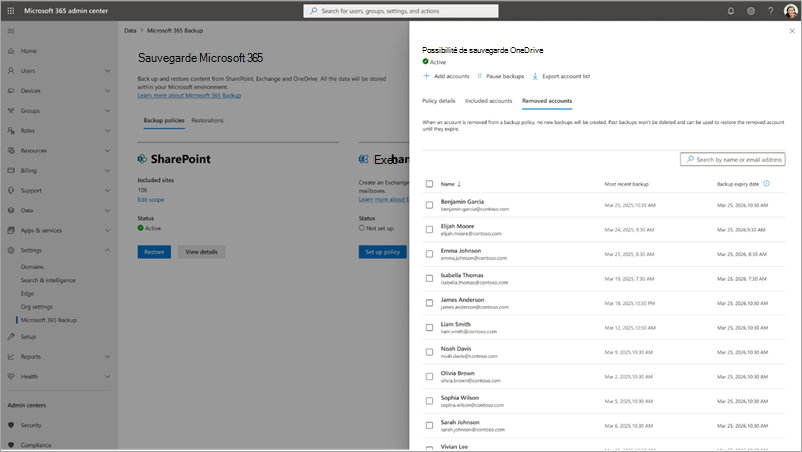 Capture d’écran du panneau de stratégie de sauvegarde des comptes OneDrive mis à jour dans le Centre d'administration Microsoft 365.