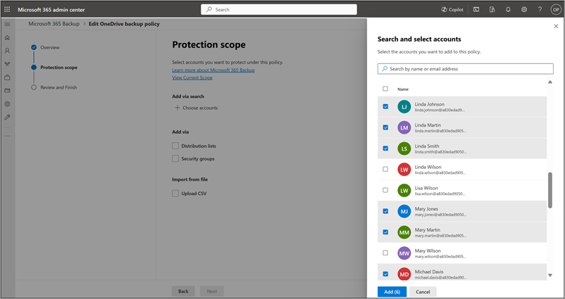 Capture d’écran du panneau Recherche et sélectionner des comptes dans la page Étendue de protection pour OneDrive.