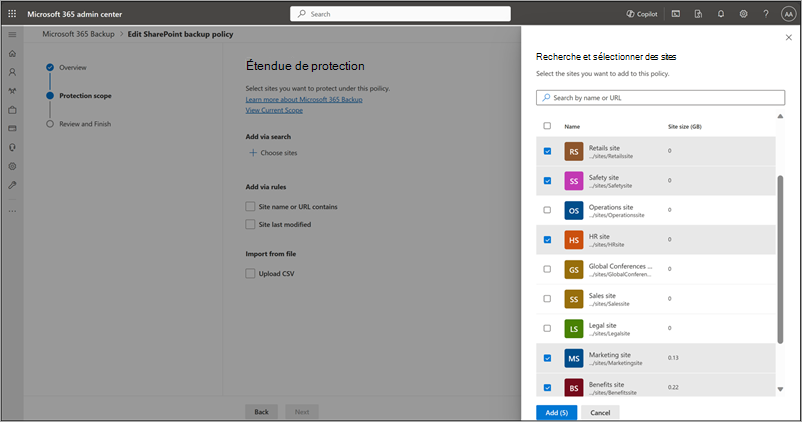 Capture d’écran du panneau Recherche et sélectionner des sites dans la page Étendue de protection pour SharePoint.