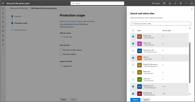 Capture d’écran du panneau Recherche et sélectionner des sites dans la page Étendue de protection pour SharePoint.