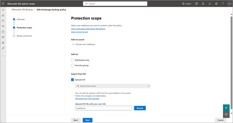 Capture d’écran de la section Importer à partir d’un fichier dans la page Étendue de protection pour Exchange.