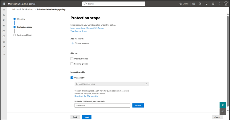 Capture d’écran de la section Importer à partir d’un fichier sur la page Étendue de protection pour OneDrive.