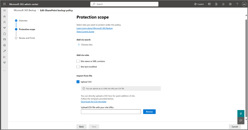 Capture d’écran de la section Importer à partir d’un fichier dans la page Étendue de protection pour SharePoint.