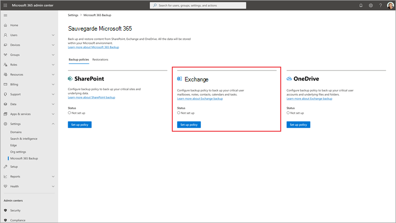 Capture d’écran de la page Sauvegarde Microsoft 365 avec Exchange mis en surbrillance.