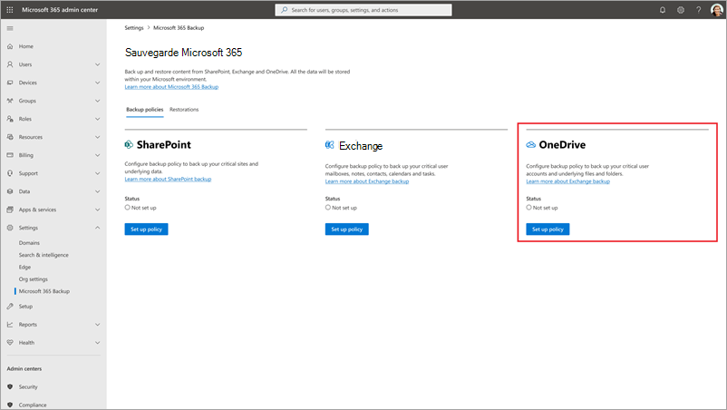 Capture d’écran de la page Sauvegarde Microsoft 365 avec OneDrive mis en surbrillance.