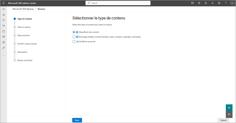 Capture d’écran montrant la page Sélectionner un type de contenu avec le contenu du site SharePoint sélectionné.