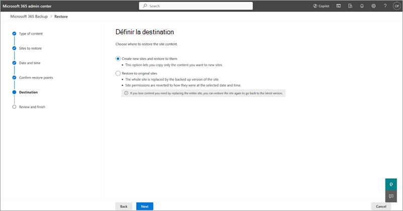 Capture d’écran montrant la page Sélectionner la destination et les options pour SharePoint.