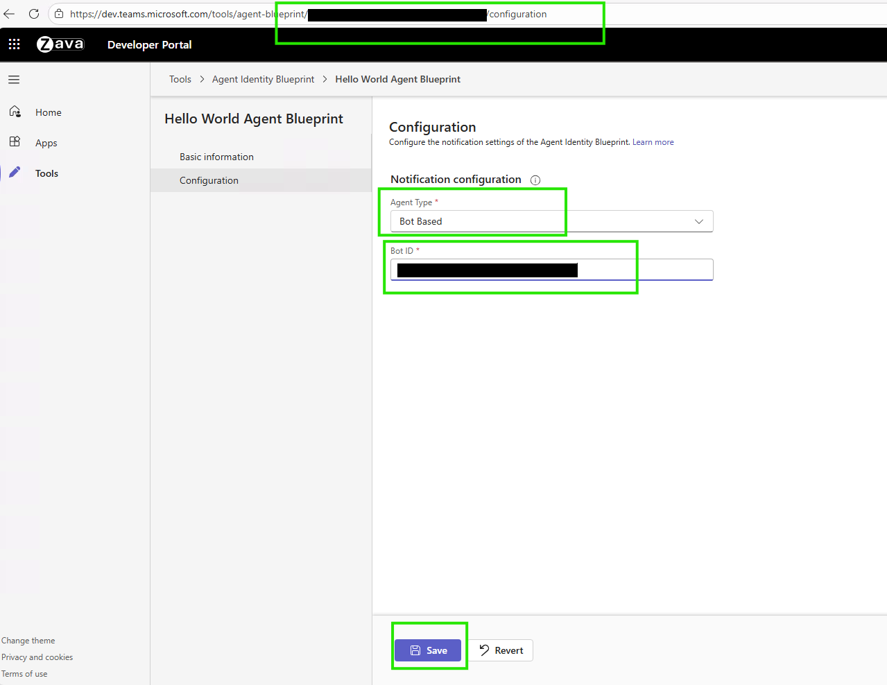 Capture d’écran montrant la page de configuration du portail développeur avec le type d’agent défini sur Bot Based et le champ ID du bot rempli.
