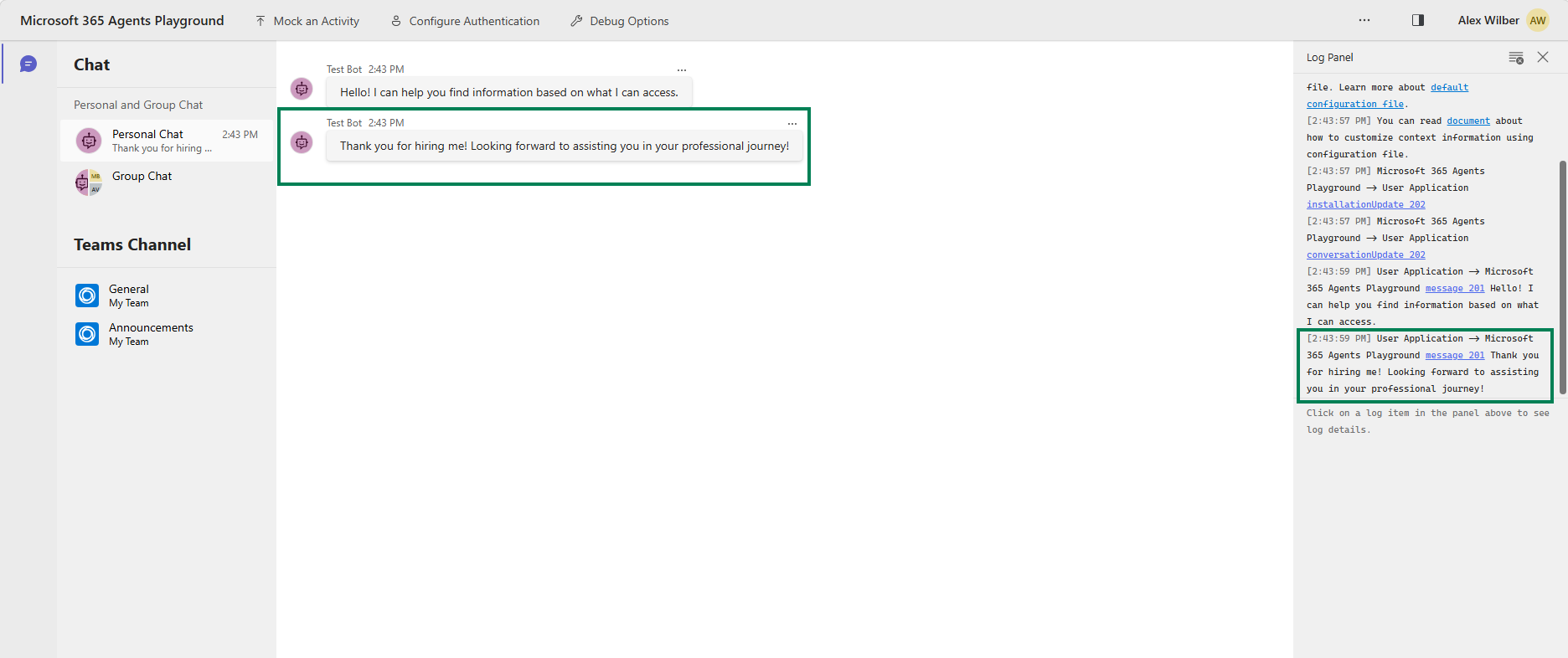 Capture d’écran montrant l’interface d'Agents Playground avec le message de bienvenue de l’agent « Merci de m’avoir embauché ! J'ai hâte de vous aider dans votre parcours professionnel ! » affiché dans le panneau de conversation et de journal après que l’événement d’installation se déclenche automatiquement.