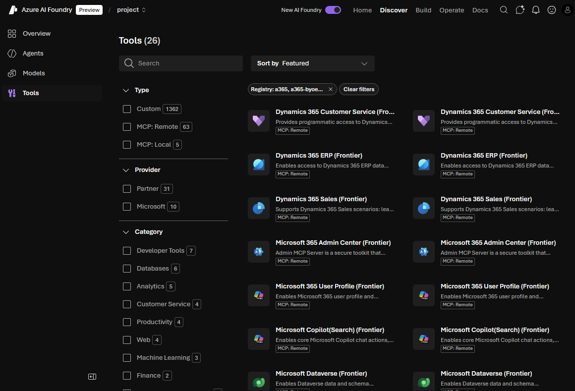 Capture d’écran de l’interface d’Azure AI Foundry montrant des outils de développement pour créer des outils axés sur des scénarios.