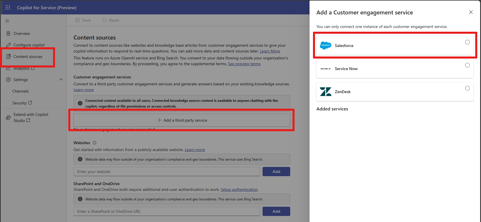 Capture d’écran illustrant le chemin de sélection à partir de la page Sources de contenu pour ajouter un tiers à la sélection de Salesforce.