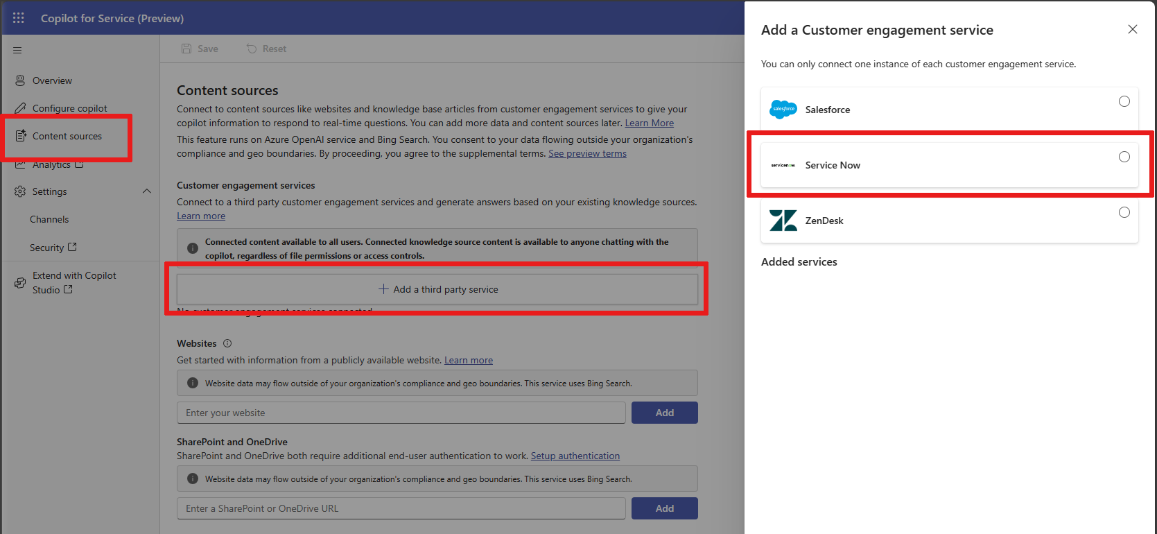 Capture d’écran illustrant le chemin de sélection à partir de la page Sources de contenu pour ajouter un tiers à la sélection de ServiceNow.