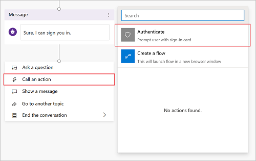 Capture d’écran de la sélection de l’action Authentifier dans Copilot Studio.