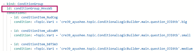 Capture d’écran de l’éditeur de code montrant un ConditionGroup avec l’`id` `conditionGroup_HnxsWS` mis en surbrillance.