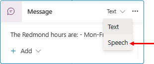 Capture d’écran du nœud Message avec l’option Vocal mise en évidence.