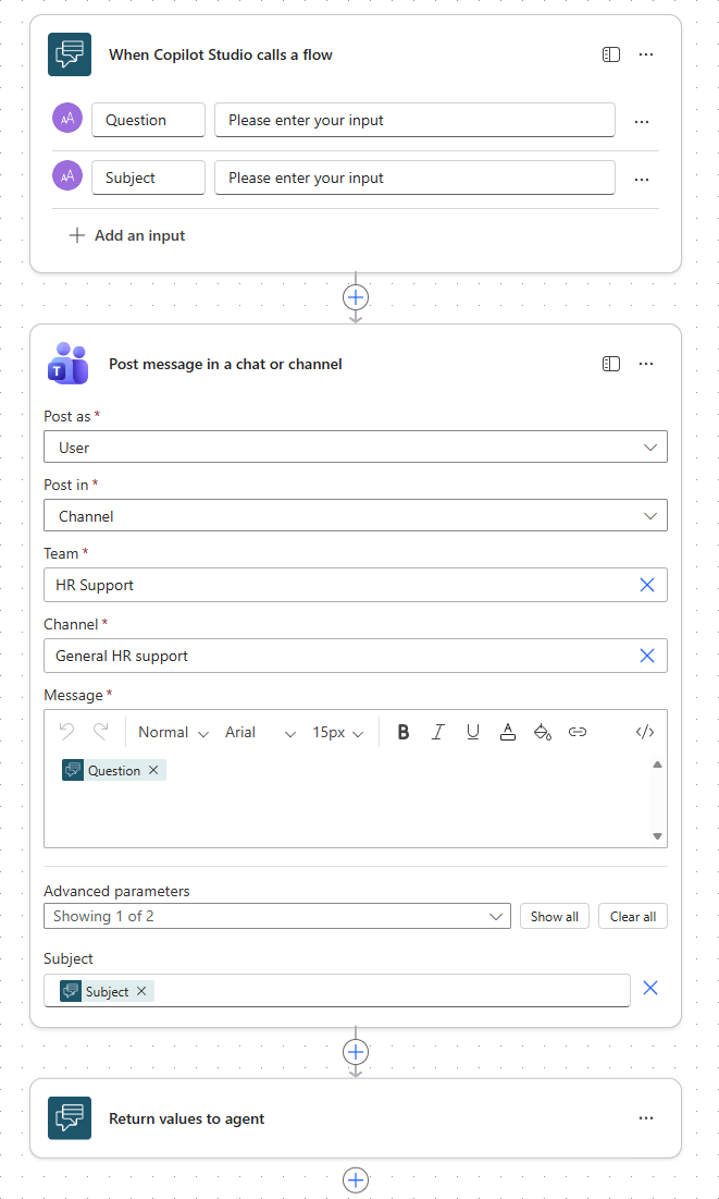 Screenshot du flux « Publier une question RH à un expert » dans Power Automate.