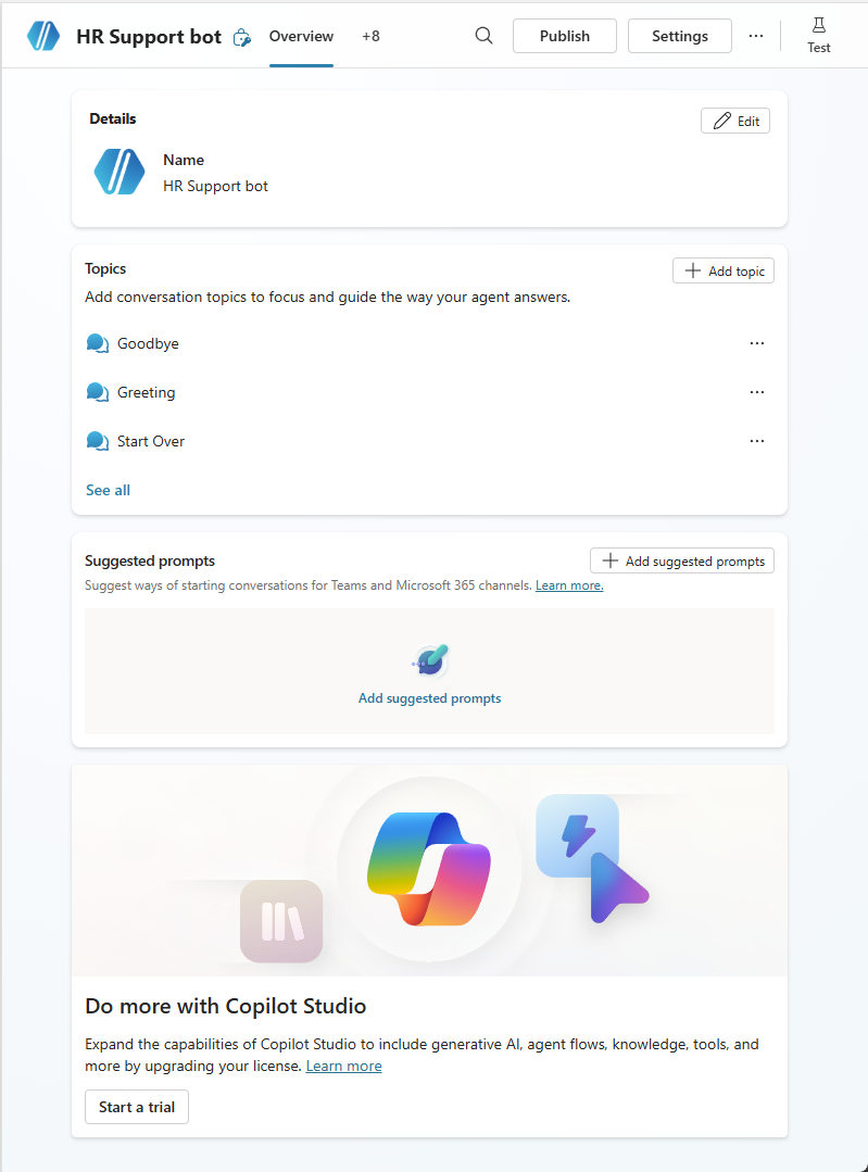 Page de vue d'ensemble pour un nouvel agent.
