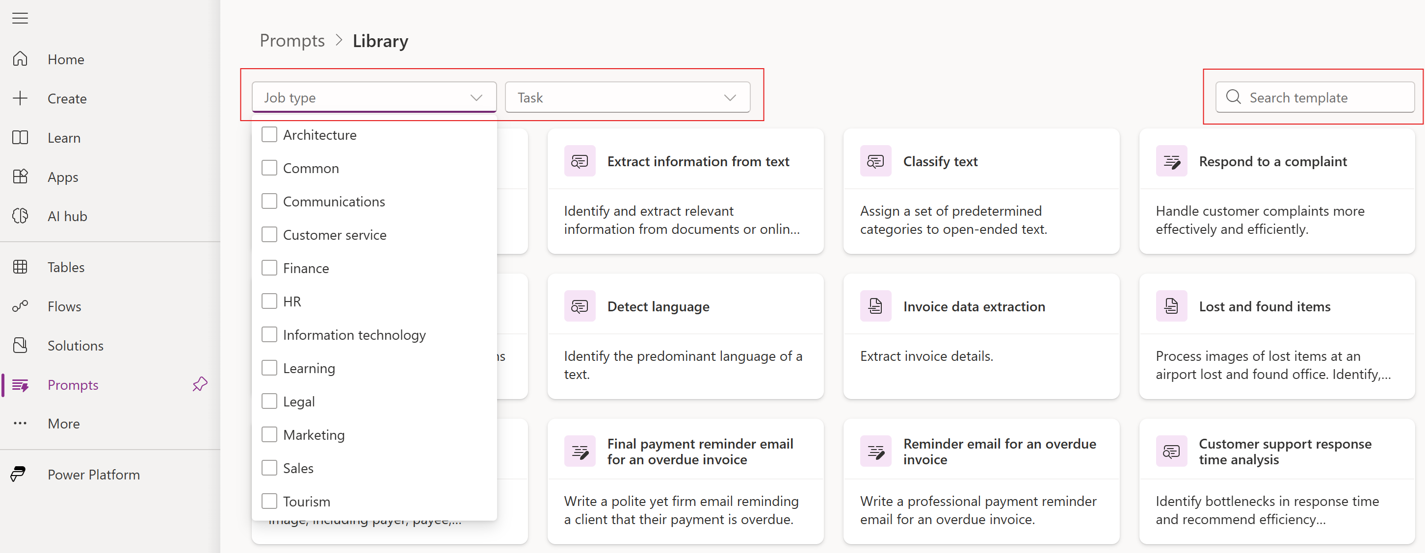 Capture d’écran du type de poste, de la tâche et de la fonctionnalité de recherche dans la bibliothèque d’invites.