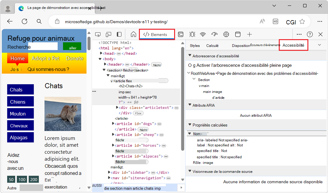L’onglet Accessibilité, dans le panneau latéral de l’outil Éléments
