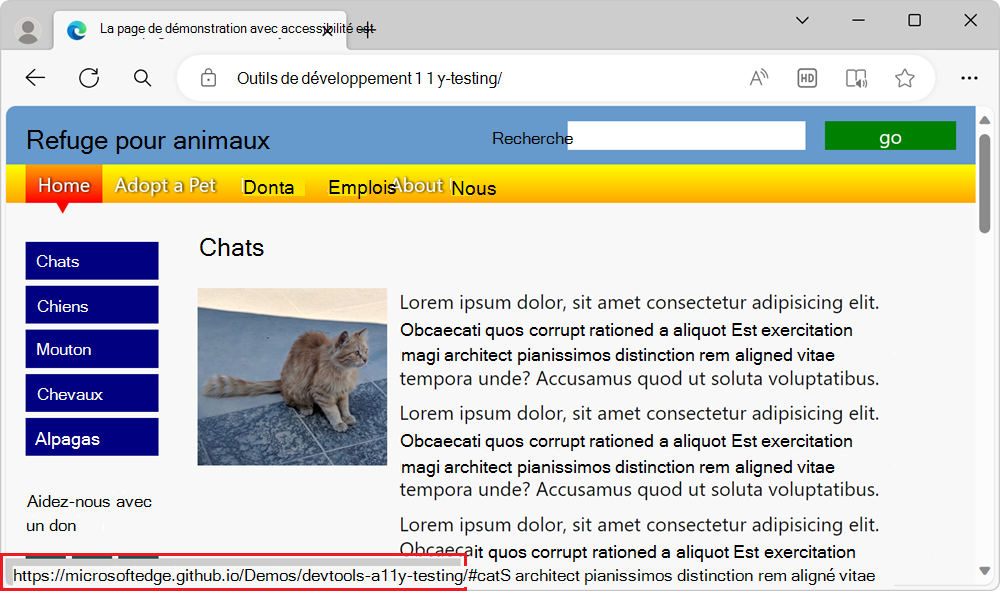La page web de démonstration, avec les liens Cats ciblés, mais aucune indication visuelle du focus