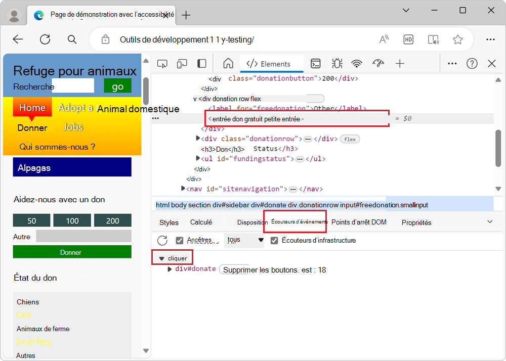 L’onglet Écouteurs d’événements montrant un lien vers le code JavaScript qui permet au formulaire de fonctionner