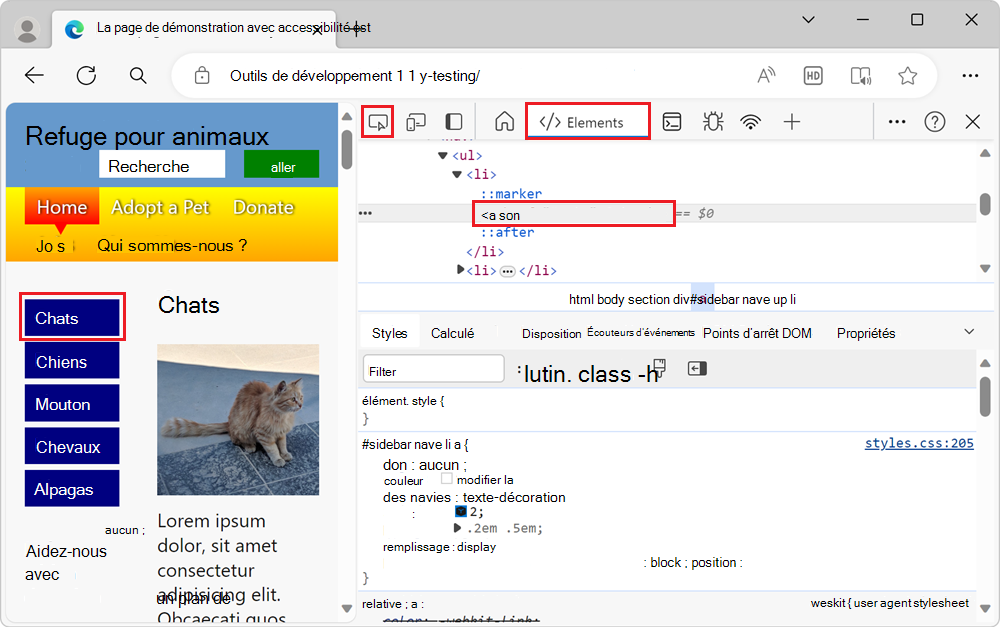 Inspection de l’élément qui a un état de pointage dans l’outil Éléments