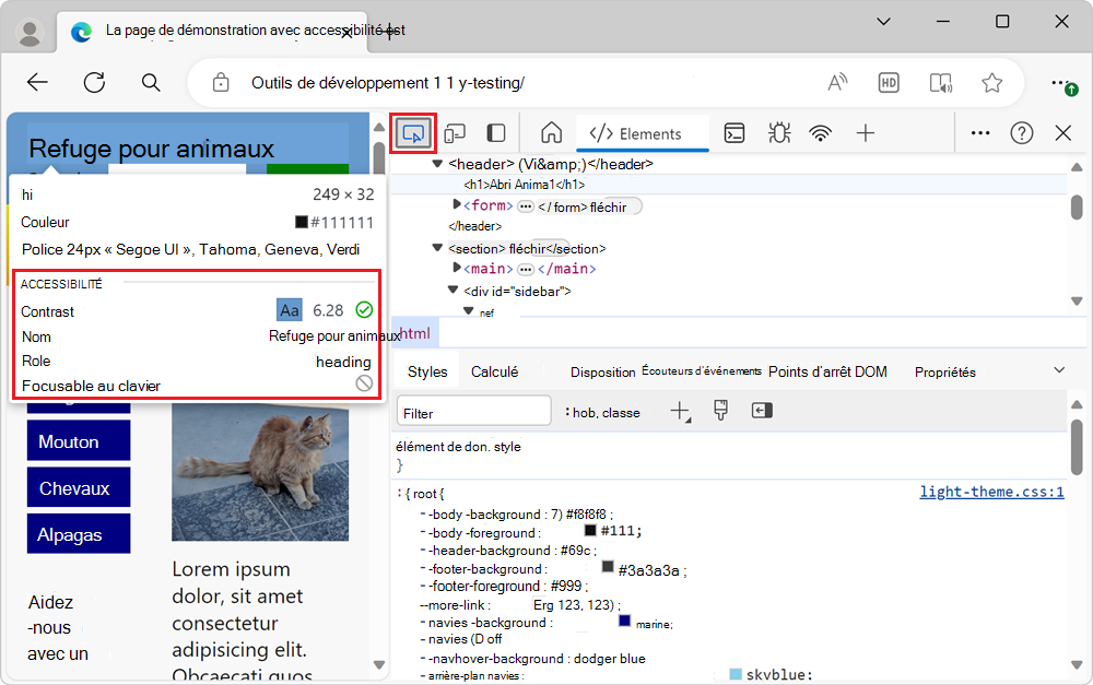 L’outil Inspecter, montrant la zone de l’élément sous la forme d’une superposition multicolore et montrant les détails de l’élément sous la forme d’une superposition d’informations volumineuse