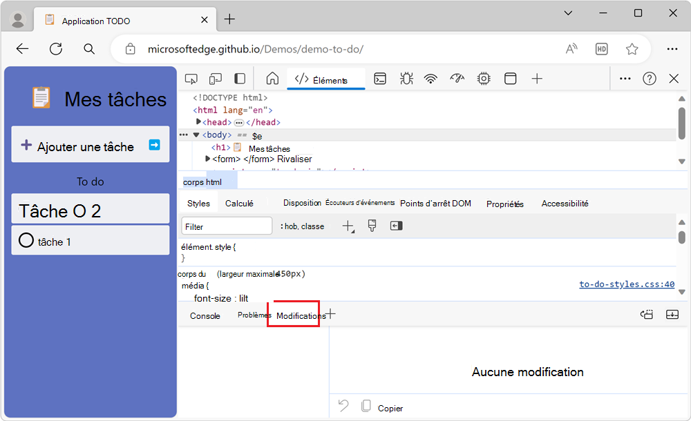 L’outil Modifications dans le panneau Affichage rapide