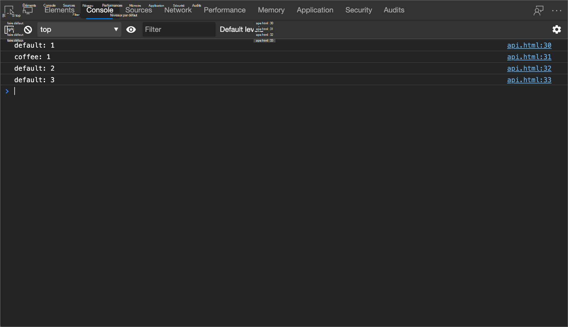 Résultat de l’exemple console.count()