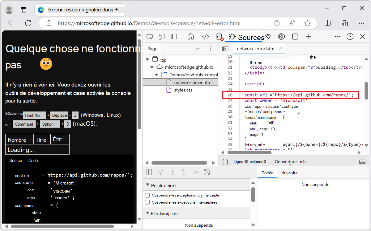 L’outil Sources affiche la ligne de code avec l’erreur