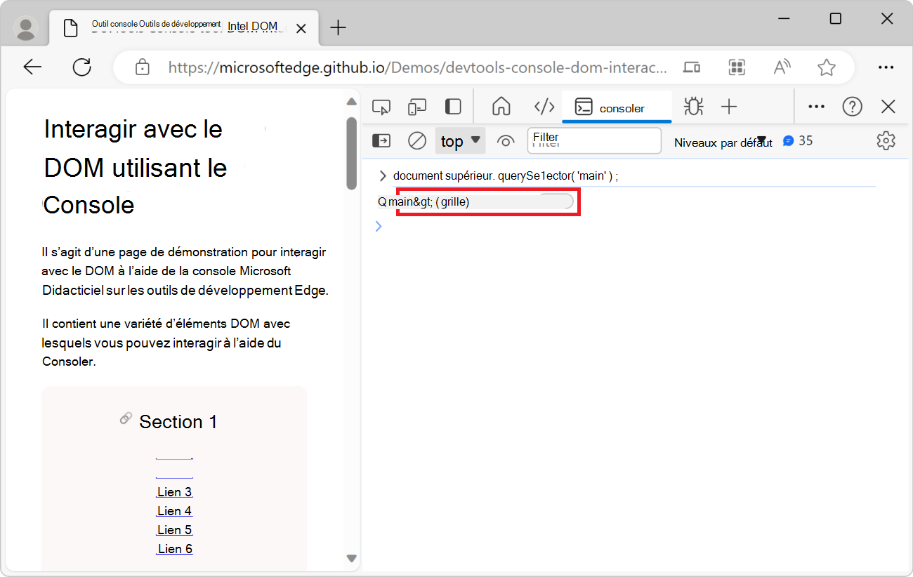 L’outil Console de DevTools, montrant l’expression document.querySelector et l’élément principal résultant