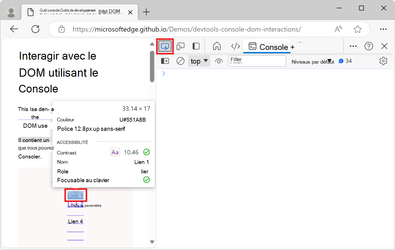 Lorsque vous pointez sur un lien lors de l’utilisation de l’outil Inspecter, le lien est mis en surbrillance