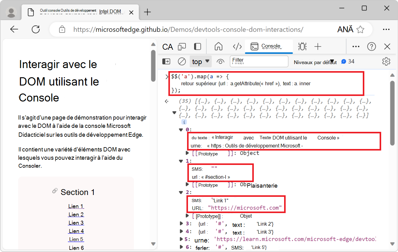 Liste des liens sur la page, avec le texte de chaque lien et l’attribut href