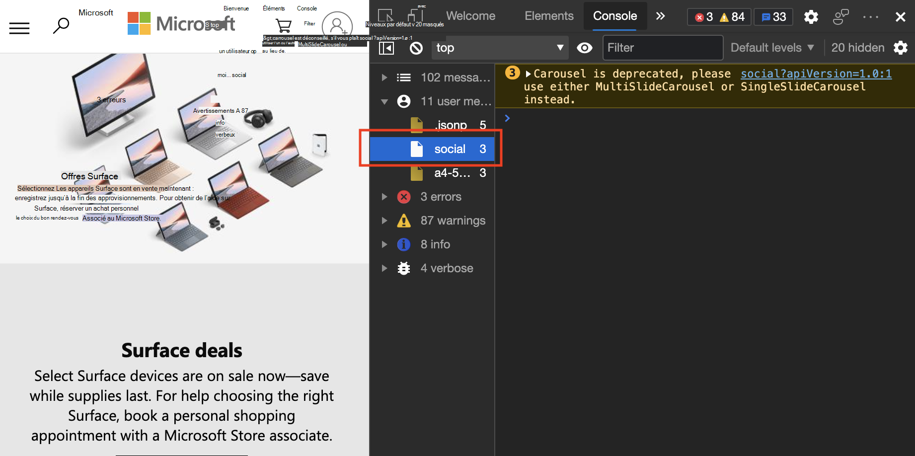 Sélectionnez l’une des options révélées pour filtrer les messages par type de message et par source