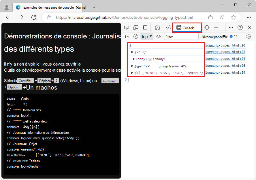 Variables de journal de différents types dans la console