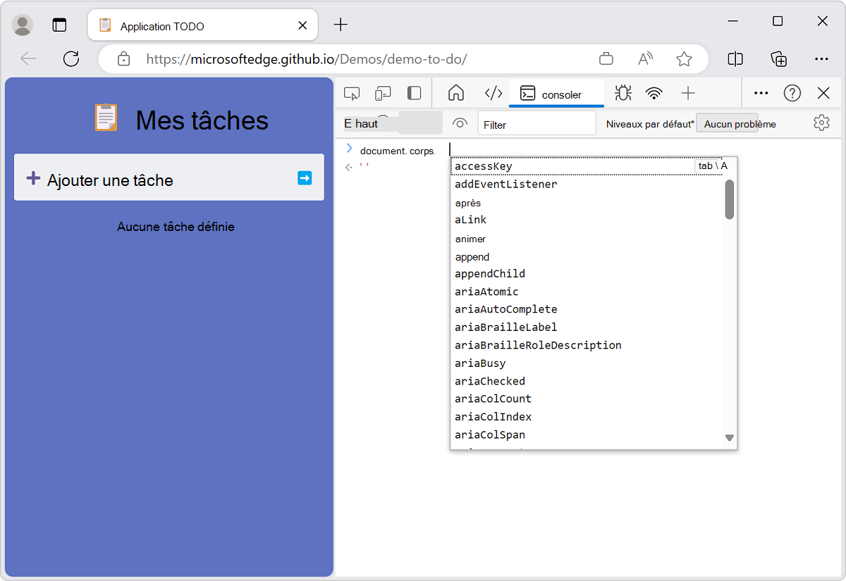 Autocomplétion des expressions JavaScript dans la console