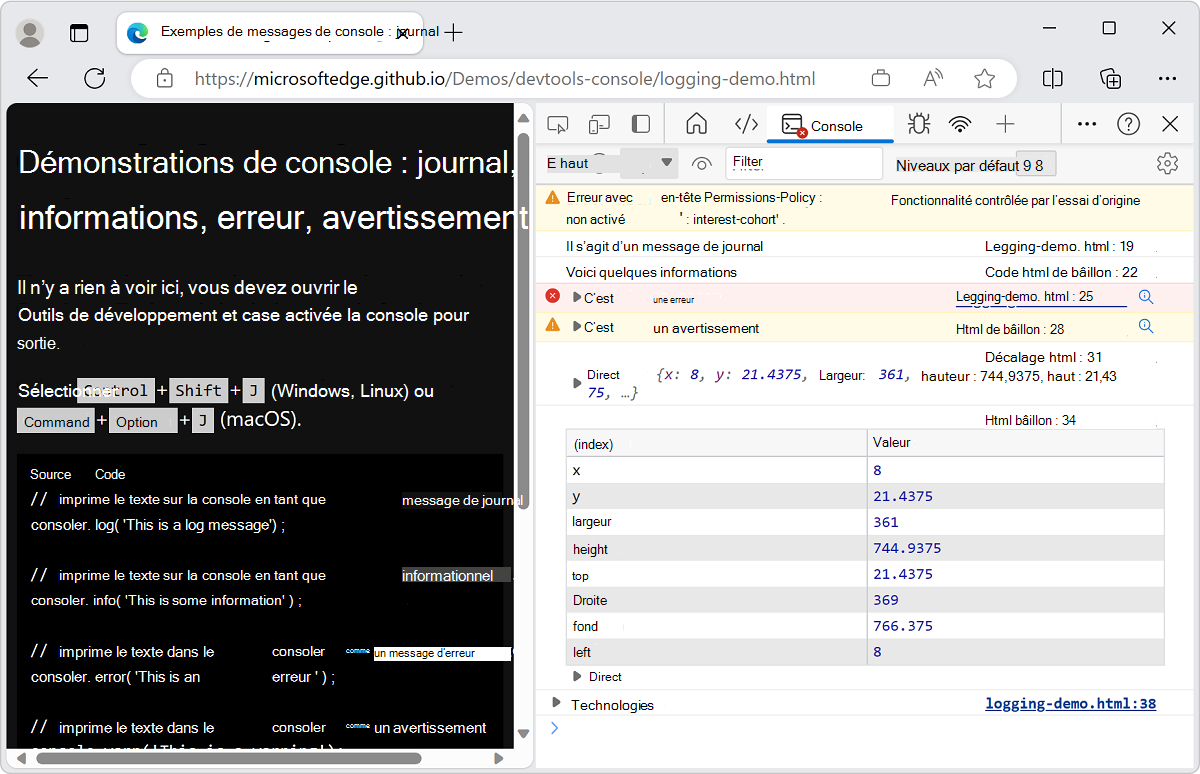 Console pleine de messages provoqués par le code de démonstration