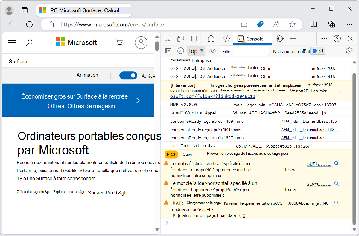 DevTools avec une console pleine de messages