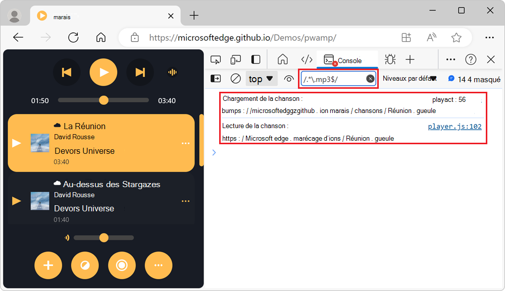 Liste filtrée de messages, basée sur l’expression régulière