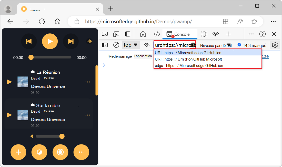 Liste déroulante de la zone de texte Filtrer, montrant les URL de script