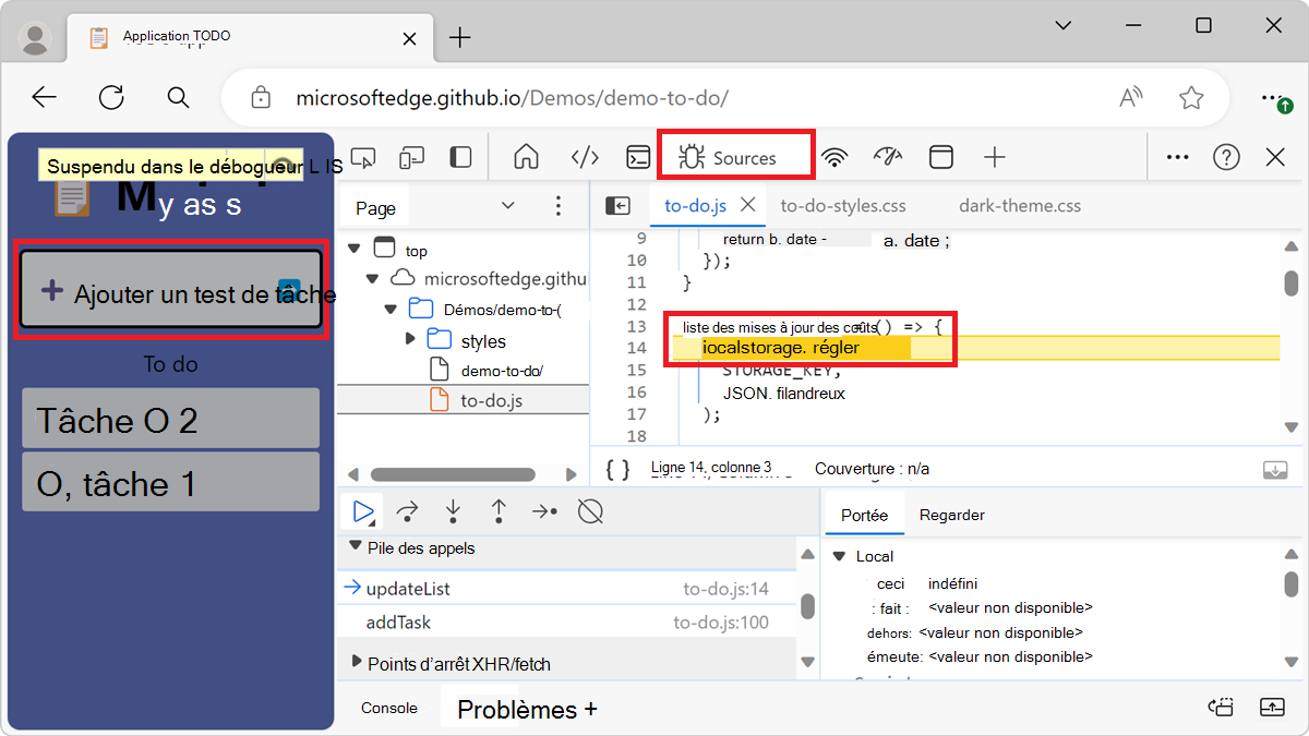 Le débogueur s’interrompt à l’intérieur de la fonction updateList()