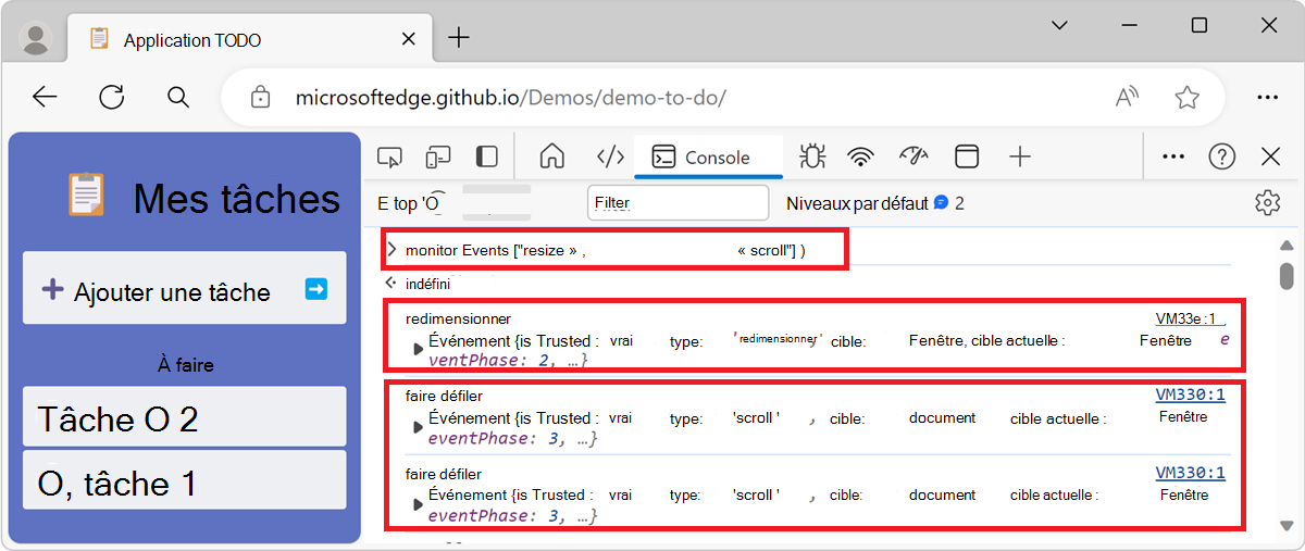 Événements de redimensionnement et de défilement des fenêtres de surveillance