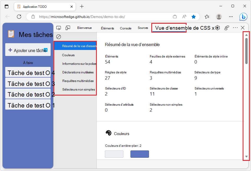 Application de démonstration TODO sur la gauche, rapport de vue d’ensemble CSS DevTools sur la droite avec une liste de sections et une barre de défilement cliquable