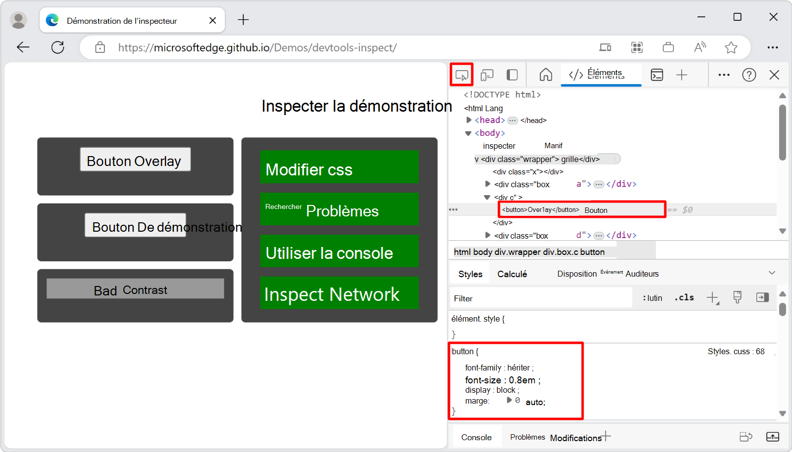 Lorsque vous cliquez sur un élément dans la page rendue, l’outil Styles affiche les styles appliqués à l’élément