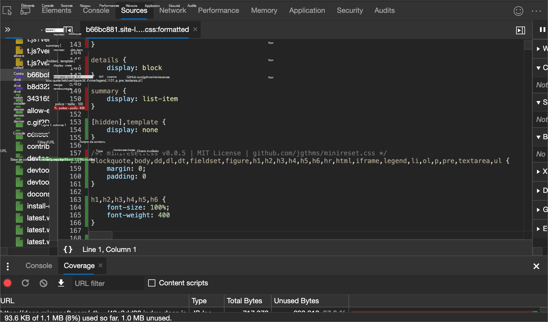 Répartition ligne par ligne des css utilisés et inutilisés