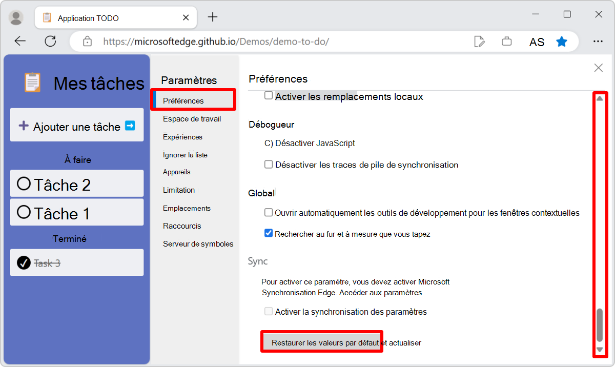 Restauration des paramètres par défaut