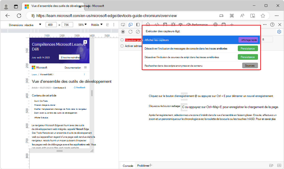 Affichage des capteurs pour la géolocalisation, à partir du menu Commandes