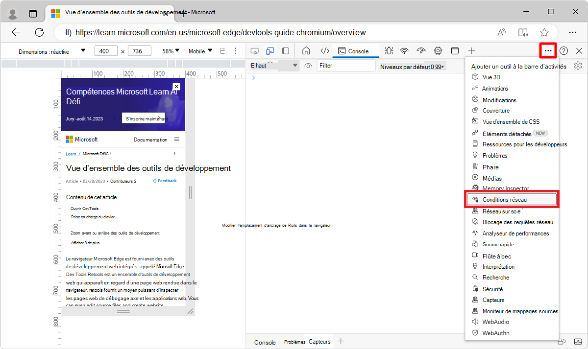 Entrée conditions réseau dans le menu « Autres outils »