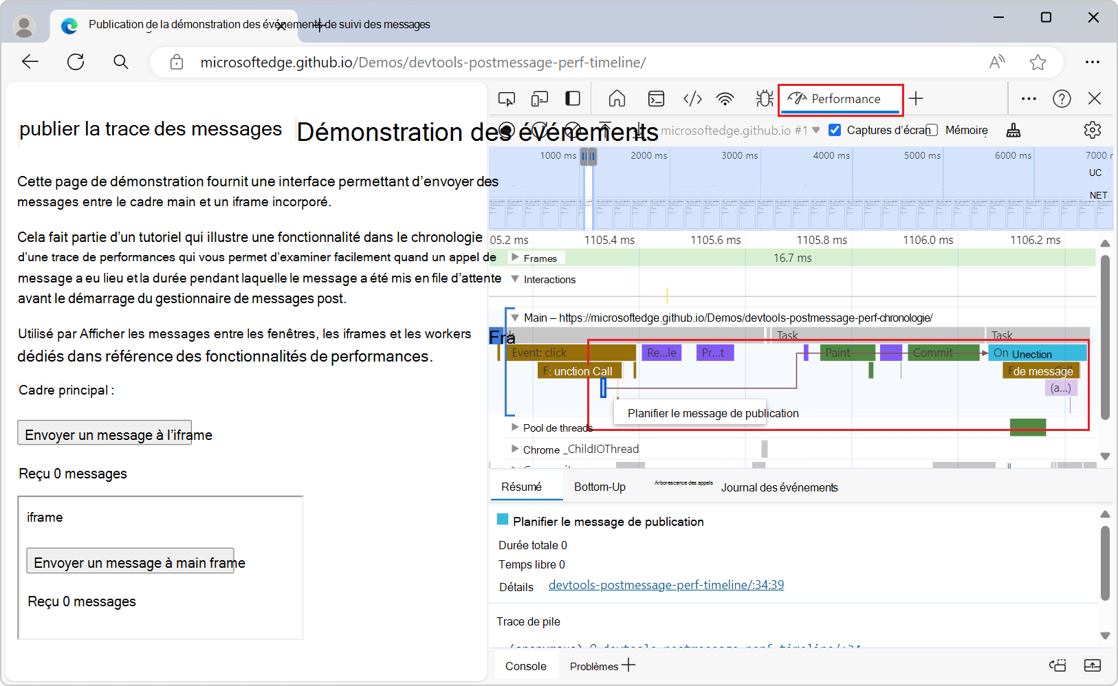 Événements « Planifier postMessage » et événements « On Message » dans l’outil Performance