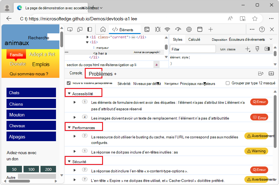 Catégories de problèmes dans l’outil Problèmes sur la page de démonstration